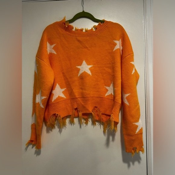 Zaful Star Print Cropped Chewed Hem Sweater Orange and White LongSleeve One Size - Picture 13 of 15